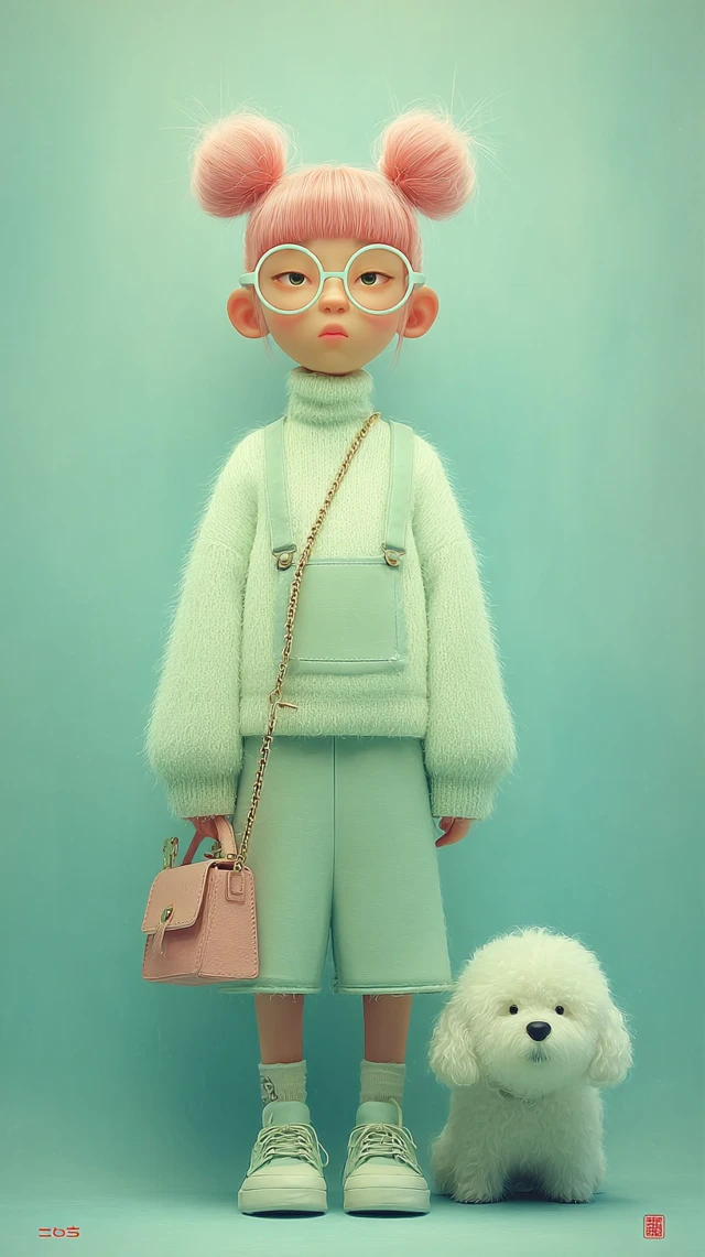 Cartoon Girl with Puppy Trendy Fashion 3D Illustration