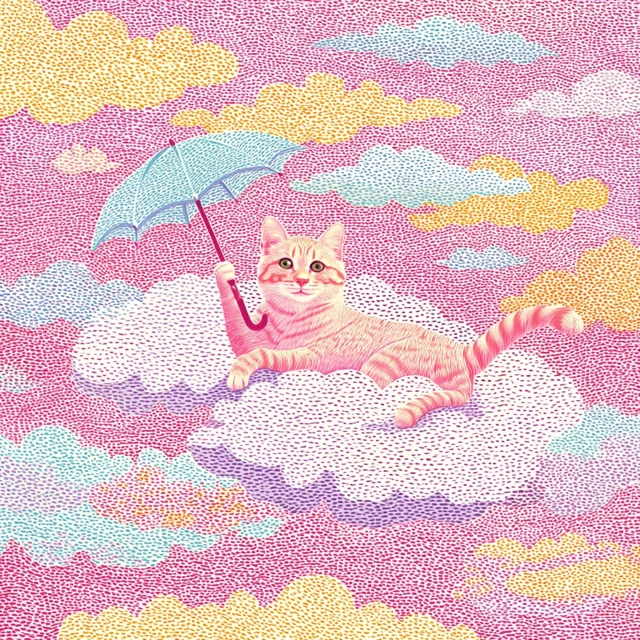Lazy Cat on Cloud with Umbrella Whimsical Illustration