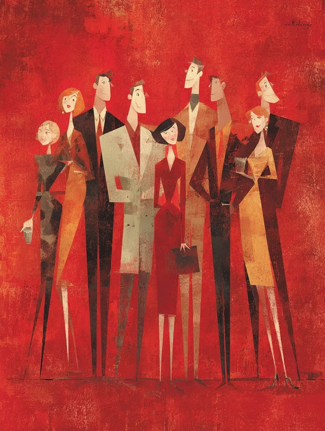 Abstract Actors Illustration Elegant Tempera Gouache Art