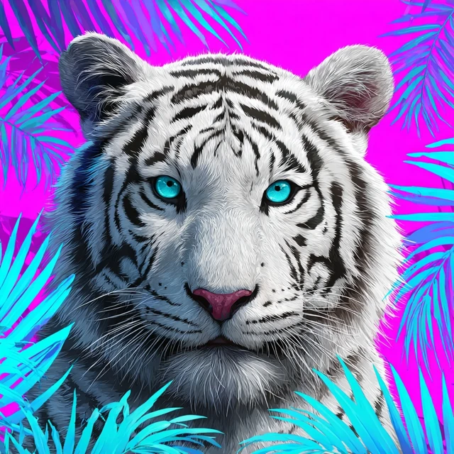 White Tiger with Teal Eyes Neon Palm Leaves