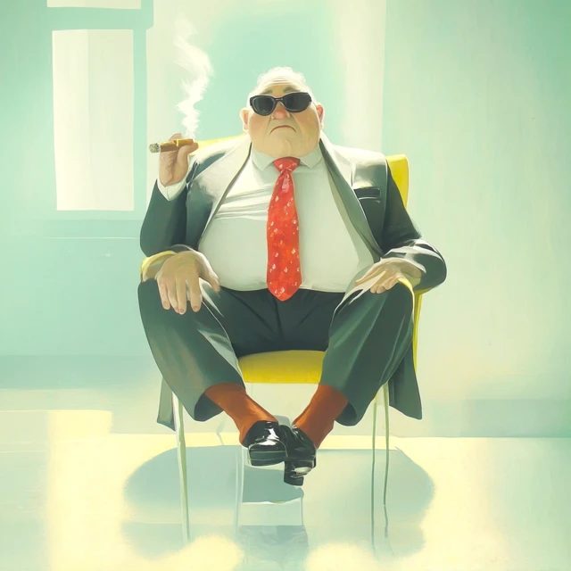 Fat Man in Sunglasses Cigar and Chair
