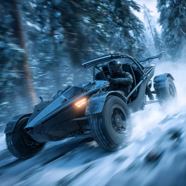 Off Road Buggy Racing Through Snow Covered Forest
