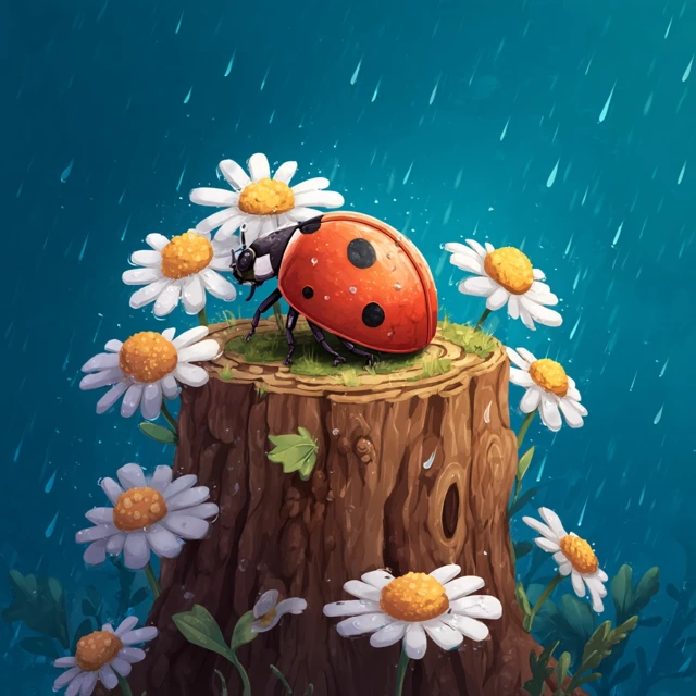 Ladybug on Stump and Daisies Cartoon Art