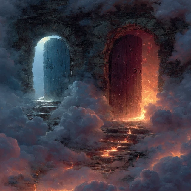 Fantasy Doors Blue Light and Red Lava Sky Scene