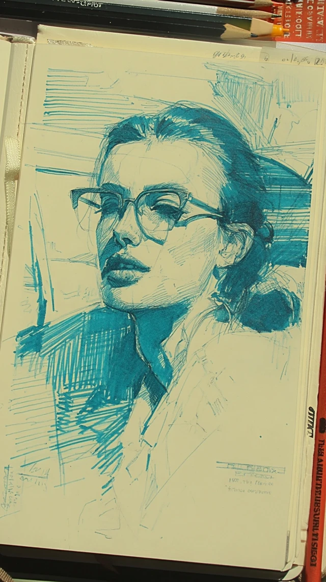 Sketch of Woman with Glasses Portrait Illustration