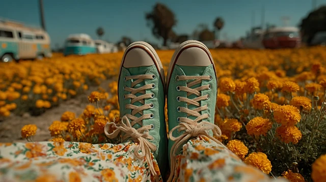 Sneakers in Flower Field Photography