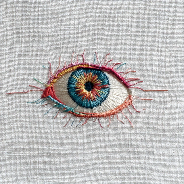 Embroidered Eyeball Colorful Thread Art on Linen