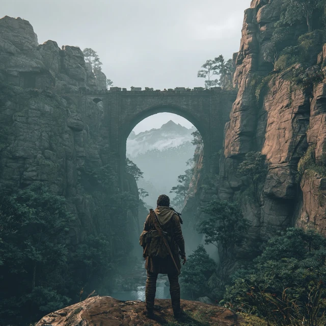 Explorer on a Cliff Overlooking a Bridge