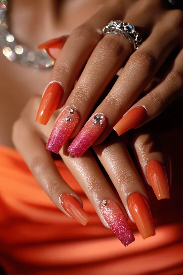 Glam Ombre Coffin Nails Rhinestone Glitter Details