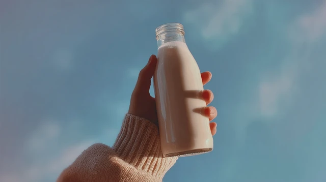 Hand Holding Milk Bottle Nature Scene