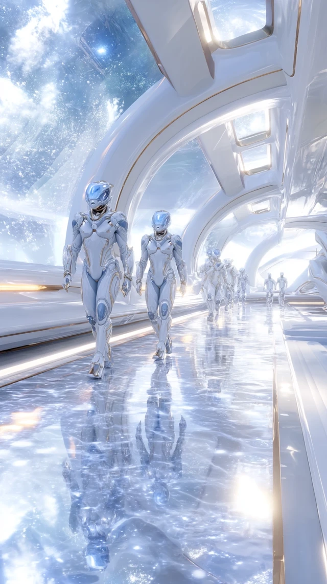 Futuristic Alien Race in Space Station Corridor