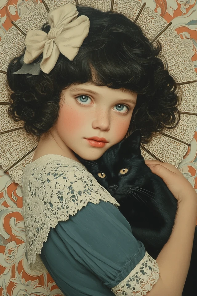 Art Deco Portrait: Child with Cat