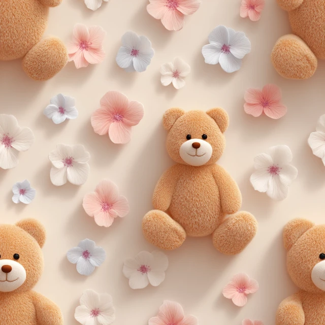 Teddy Bear and Plush Flowers Seamless Pattern 3D Render