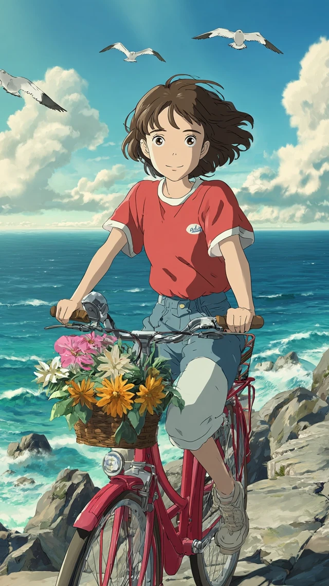 Studio Ghibli Girl on a Bicycle Overlooking the Sea