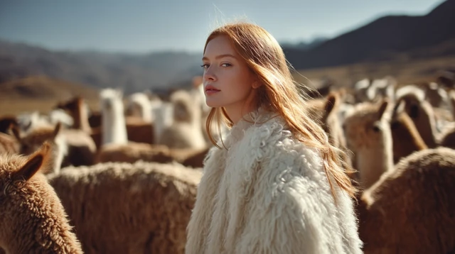 Woman in Llama Fur Coat in Andes Mountains