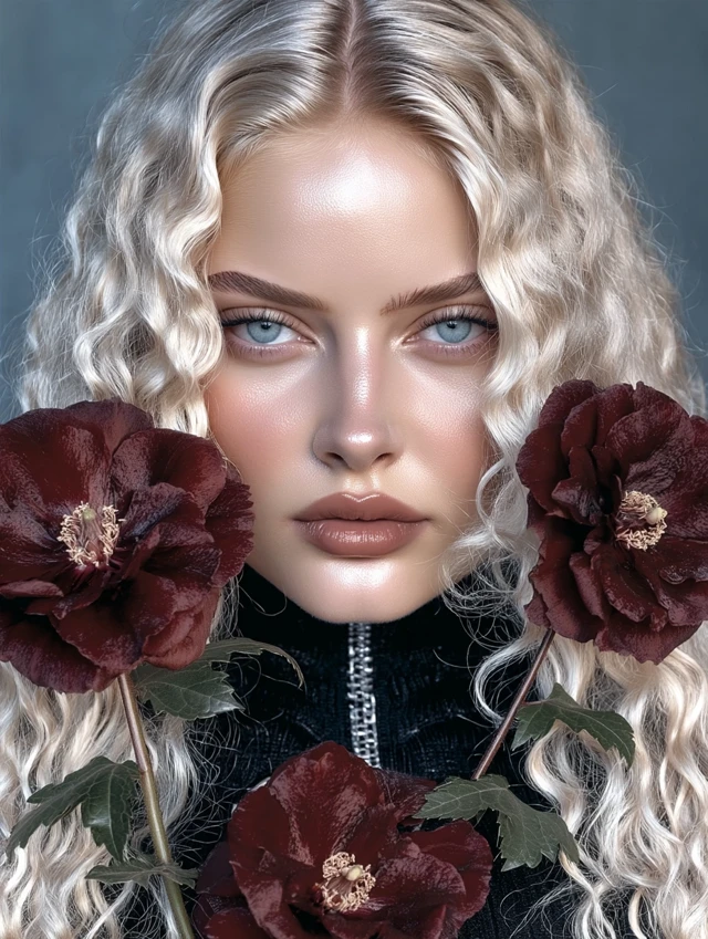 Fashion Model with Blonde Hair and Red Flowers