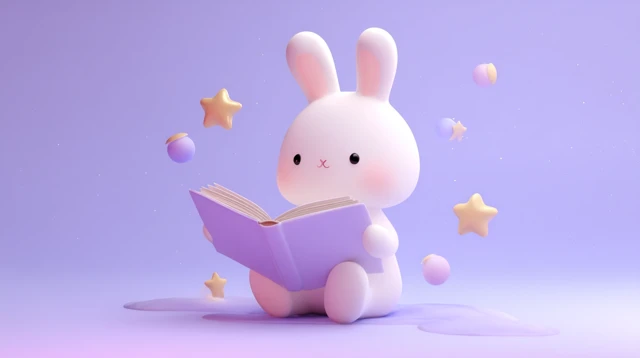 Kawaii 3D Rabbit Reading in Space