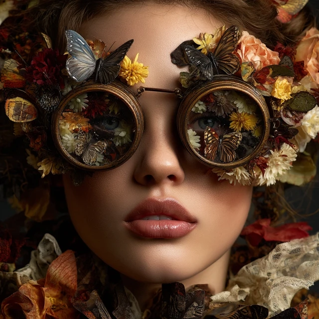 Steampunk Woman with Butterflies and Flowers