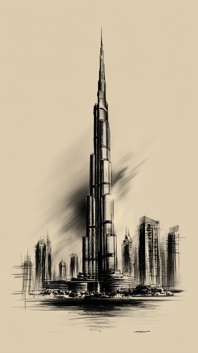 Burj Khalifa Sketch Sepia Tone Art