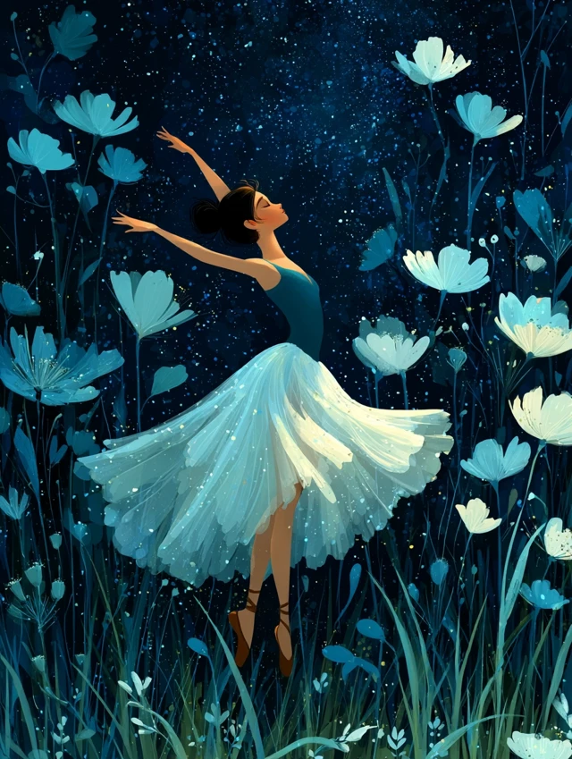 Ballerina Dancing in a Field of Flowers Illustration