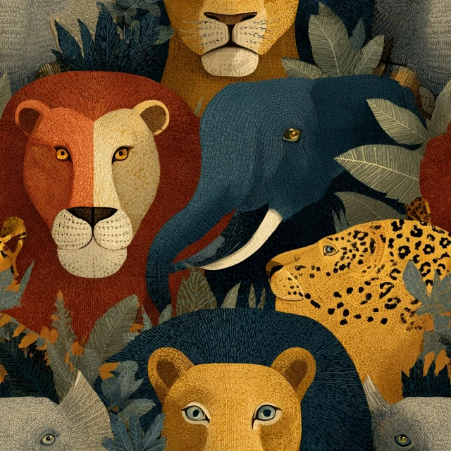 Anime Safari Pattern with Lion Cheetah Tiger and Elephant