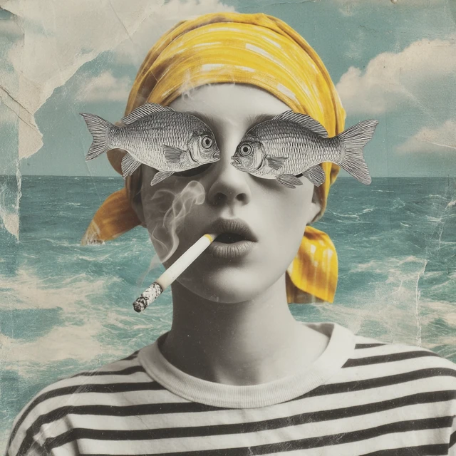 Surreal Portrait Girl with Fish Eyes and Cigarette