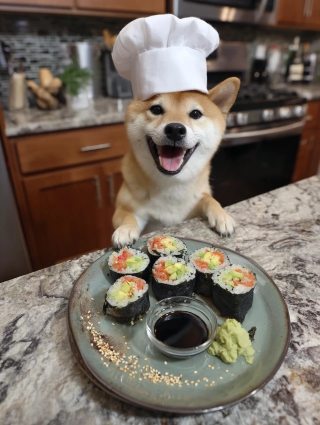Shiba Inu Chef with Sushi Delight