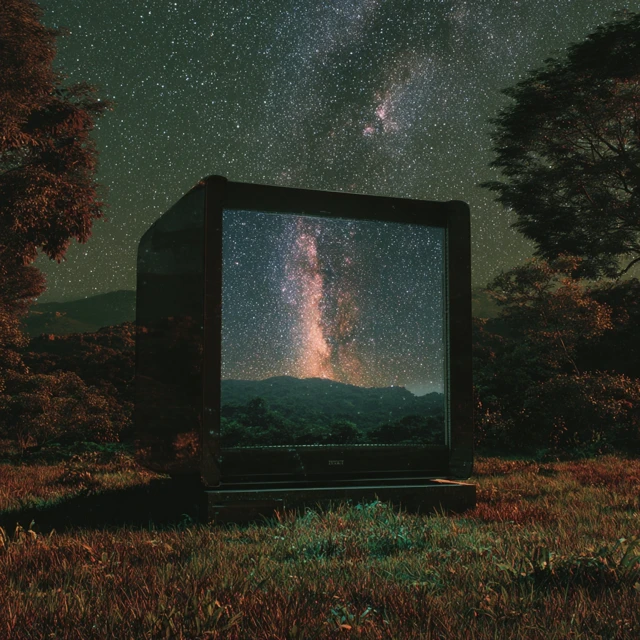 Cosmic Galaxy TV on Meadow Landscape Illustration
