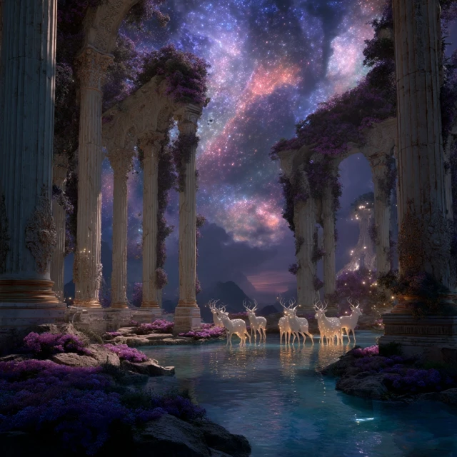 Mystical Ruins with Spirit Deer and Starry Sky