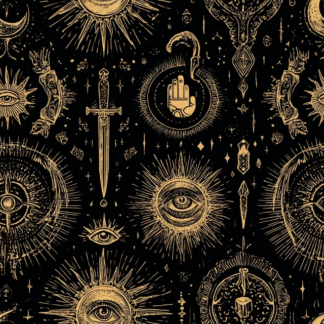 Mystical Tarot Pattern Gold Linework on Black