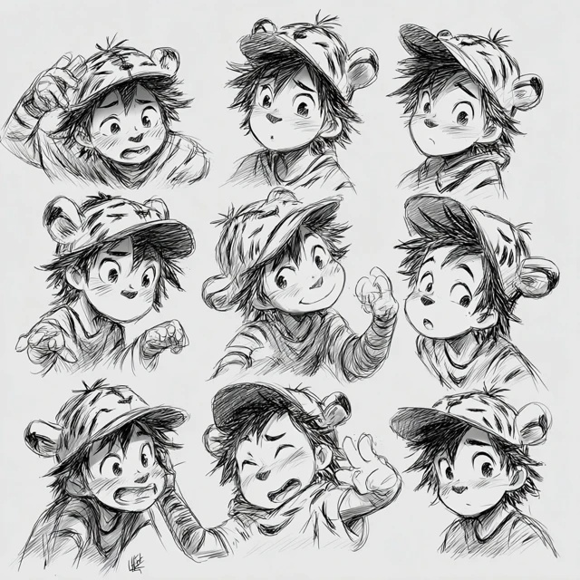 Cute Boy with Tiger Hat in Various Poses and Expressions