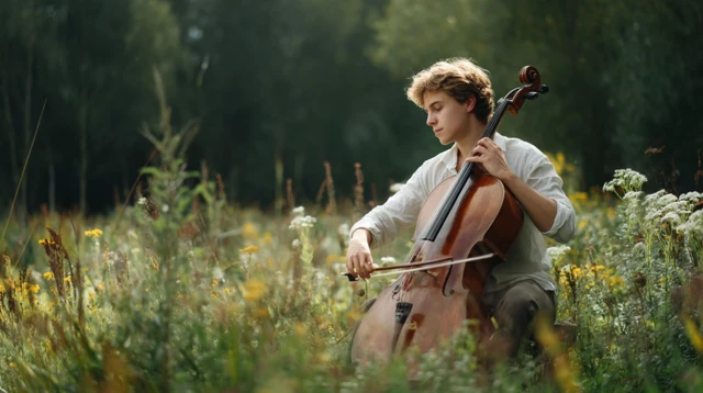 Man Playing Cello in Meadow Serene Music and Nature