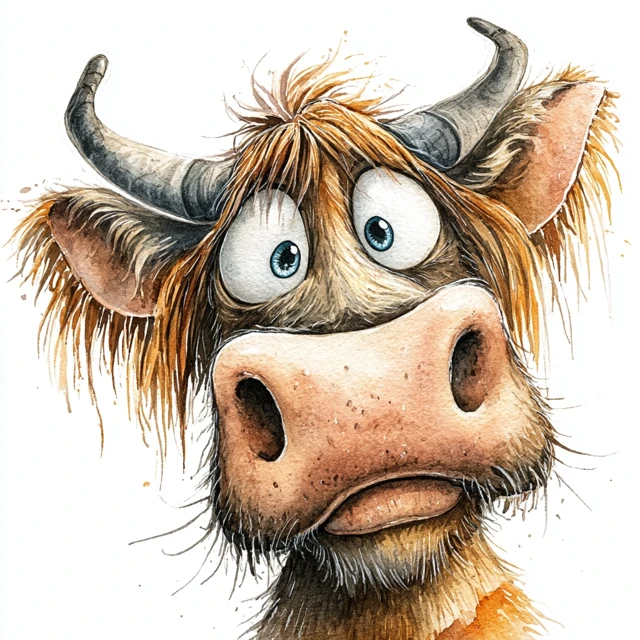 Cartoon Highland Cow Watercolor Illustration