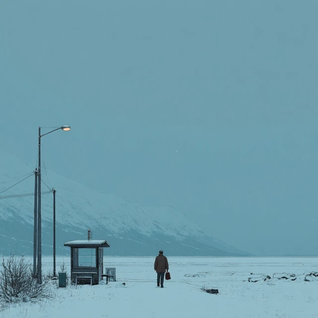 Winter Scene Illustration with Lonely Figure