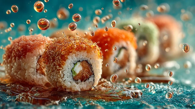 Sushi Rolls Artistically Floating with Soy Sauce
