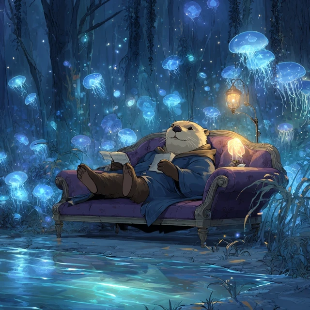 Anime Otter Mage Relaxing in a Dreamlike Scene
