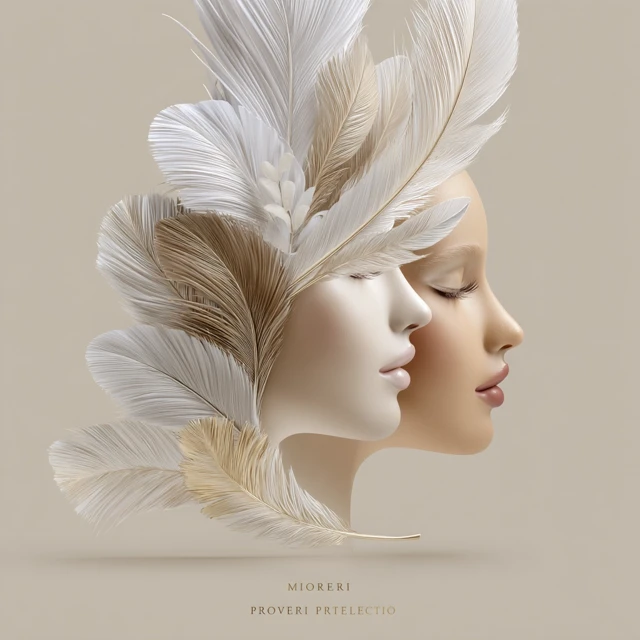 Two Faces Intertwined Feather Art Realistic Beige