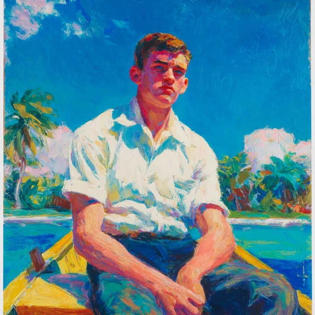 Hemingway in Rowboat Tropical Pastel Painting