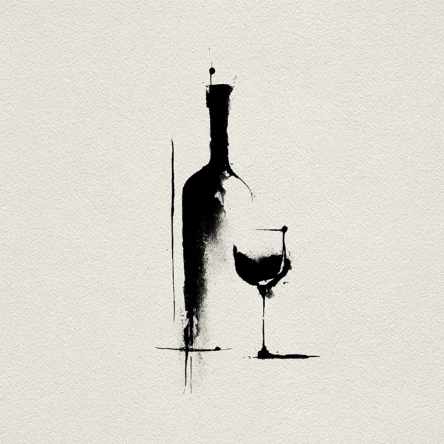 Minimalist Wine Bottle and Glass Ink Drawing