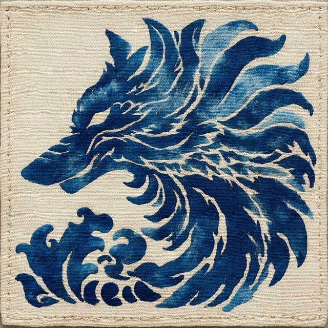 Indigo Tie Dye Wolf Art Traditional Chinese