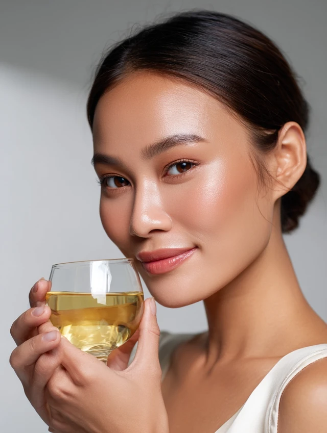 Elegant Asian Woman with Perfect Skin and Tea