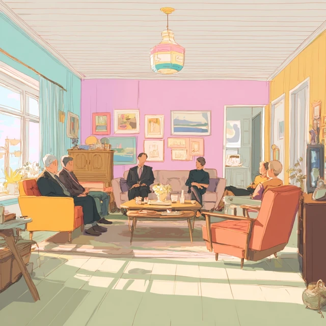 Retro Living Room Isometric with Pastel Colors