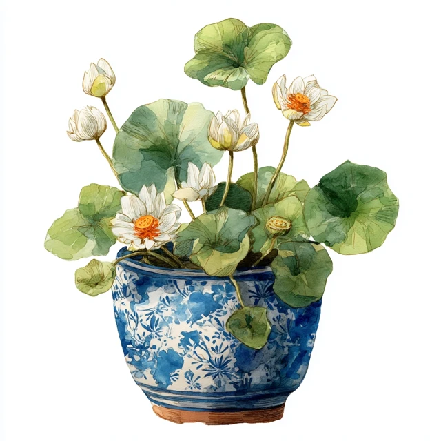 Watercolor Lotus Flowerpot Illustration