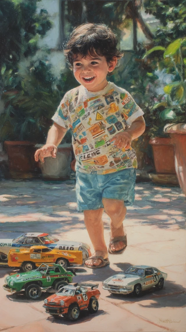 Young Ayrton Senna Playing with Toy Cars Portrait