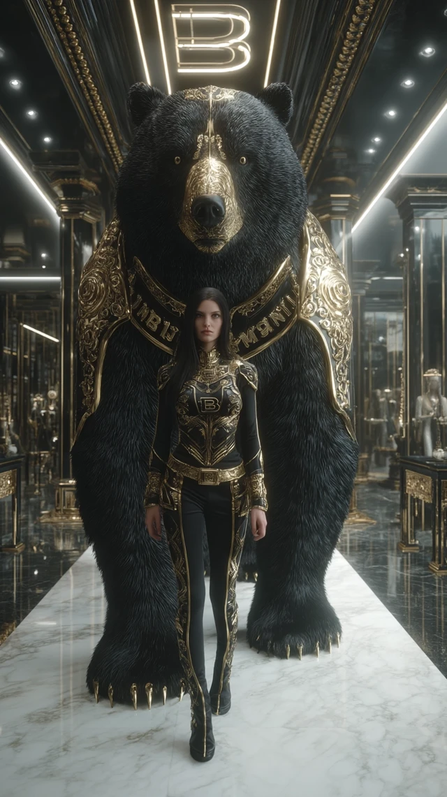 Balmain Guardian Bear: Couture Fashion in Opulent Hall