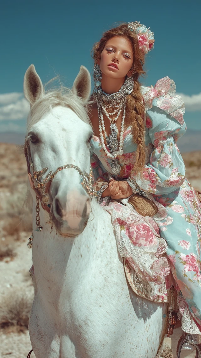 Boho Woman on Horse in Desert Fashion Photography