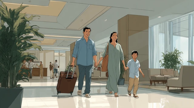 Indonesian Family in Hotel Lobby Illustration