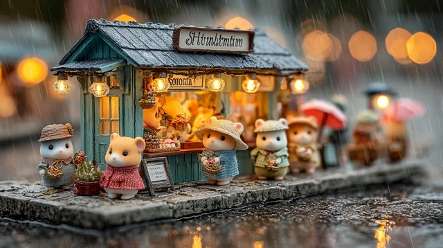 Rainy Evening Hamsters at Bus Stop Diorama