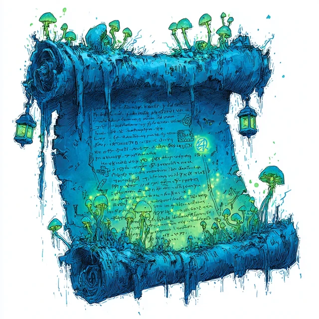 Moldy Scroll Bioluminescent Runes Eerie Artwork