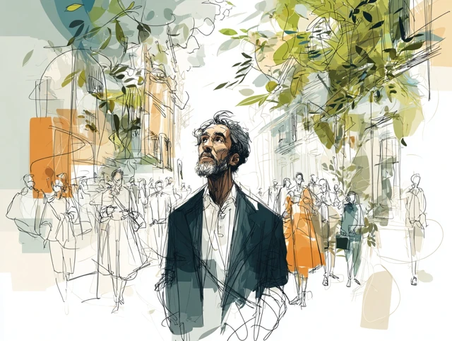 Man in Crowded Street Black and White Sketch Art